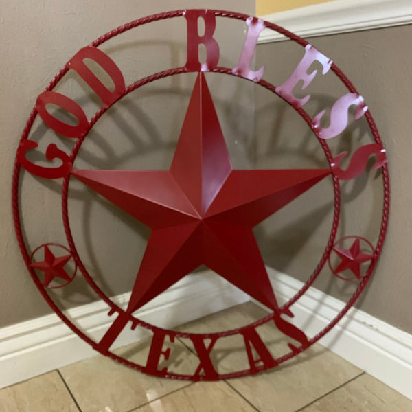 24",32",40",50" BURGUNDY RED GOD BLESS TEXAS BARN STAR ROPE RING METAL WALL ART WESTERN HOME DECOR NEW