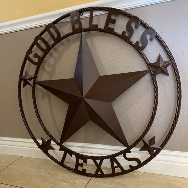#EH11085 GOD BLESS TEXAS BROWN BARN STAR METAL LONE STAR TWISTED ROPE RING WESTERN HOME DECOR HANDMADE NEW