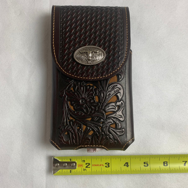 #LG2002 7.5" LONGHORN COFFEE BROWN & BEIGE  LEATHER POUCH EXTRA LARGE  BELT LOOP HOLSTER CELL PHONE CASE UNIVERSAL OVERSIZE