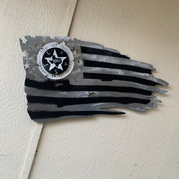 TEXAS HIGHWAY PATROL TATTERED FLAG WITH BADGE# CUSTOM METAL VINTAGE CRAFT ART WESTERN HOME DECOR