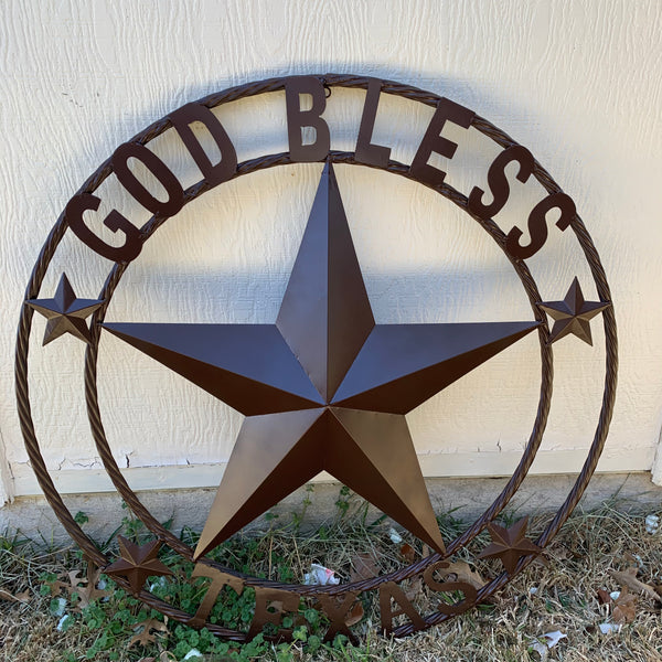 #EH11085 GOD BLESS TEXAS BROWN BARN STAR METAL LONE STAR TWISTED ROPE RING WESTERN HOME DECOR HANDMADE NEW