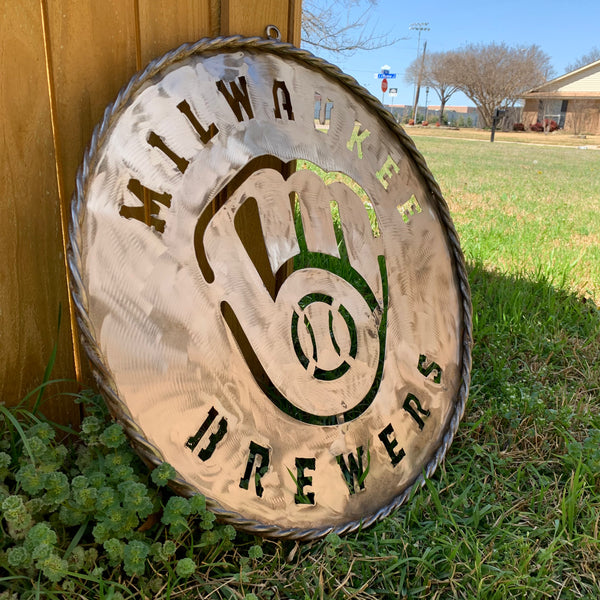 24" MILWAUKEE BREWERS RAW METAL WIDE BAND DISC STYLE CUSTOM METAL VINTAGE CRAFT TEAM SIGN HANDMADE