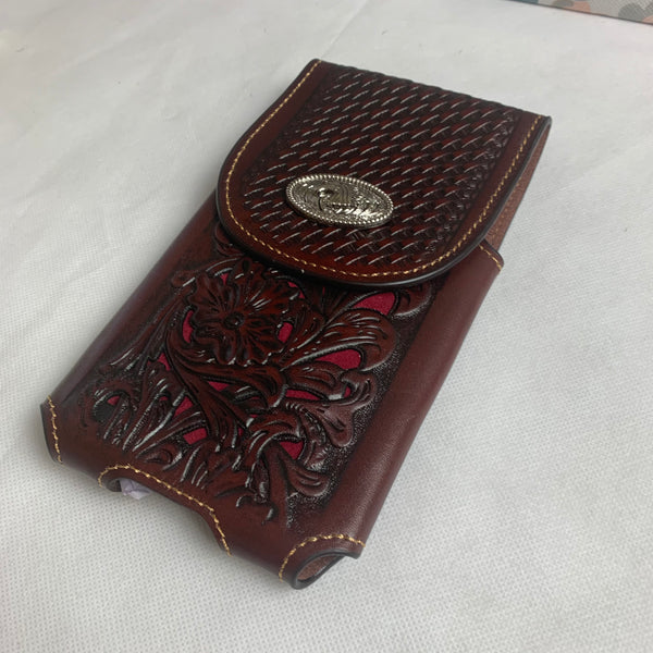 #LG2004  7.5" HORSE COFFEE BROWN & RED LEATHER POUCH EXTRA LARGE  BELT LOOP HOLSTER CELL PHONE CASE UNIVERSAL OVERSIZE