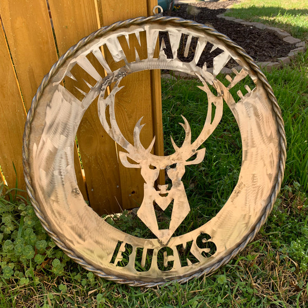 24" MILWAUKEE BUCKS RAW METAL WIDE BAND DISC STYLE METAL CUSTOM VINTAGE CRAFT TEAM SPORTS SIGN HANDMADE