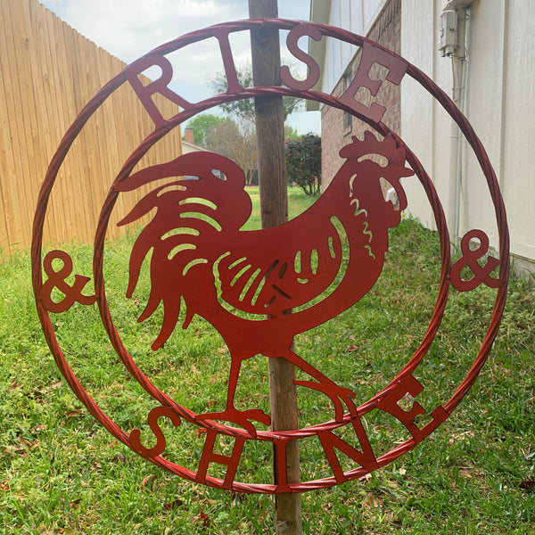 #SI_B9504 RISE & SHINE 24" RED ROOSTER CHICKEN METAL SIGN WESTERN HOME DECOR HANDMADE NEW