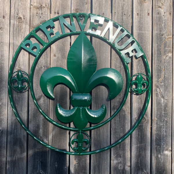 24", 32" GLOSSY HUNTER GREEN FLEUR DE LIS BIENVENUE METAL WALL ART WESTERN HOME DECOR