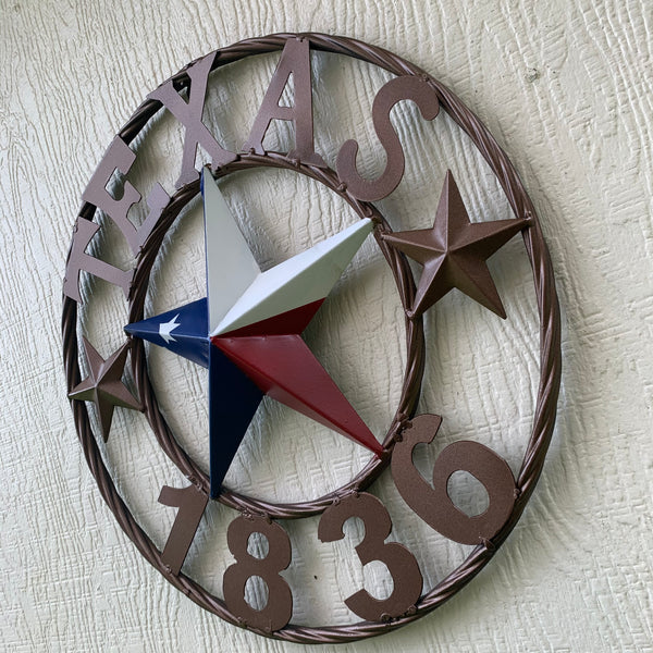 16" TEXAS 1836 RED WHITE BLUE TEXAS FLAG STAR BRONZE RING METAL BARN STAR WESTERN HOME DECOR HANDMADE NEW ART