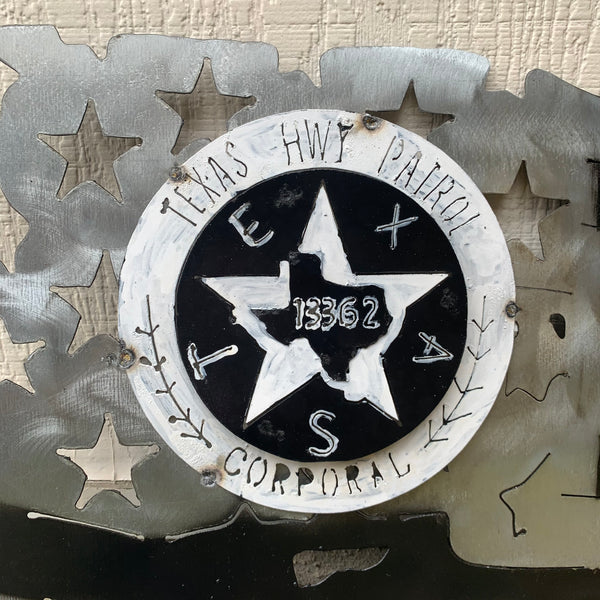 TEXAS HIGHWAY PATROL TATTERED FLAG WITH BADGE# CUSTOM METAL VINTAGE CRAFT ART WESTERN HOME DECOR