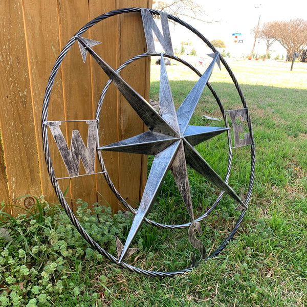 36" COMPASS GREY METAL ART WESTERN METAL ART HOME WALL DECOR RUSTIC GREY