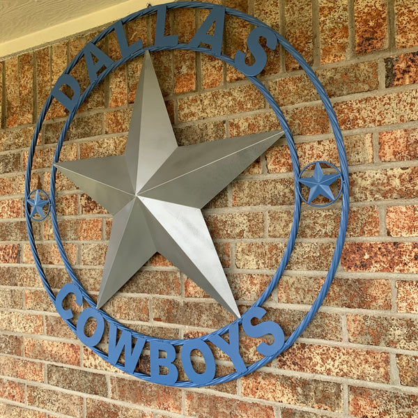 DALLAS COWBOYS SILVER & LIGHT BLUE BARN STAR CUSTOM VINTAGE METAL LONE STAR ART WESTERN HOME DECOR SIZE:24",32",36",40",42",44",46",50"