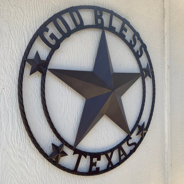 #EH11085 GOD BLESS TEXAS BROWN BARN STAR METAL LONE STAR TWISTED ROPE RING WESTERN HOME DECOR HANDMADE NEW