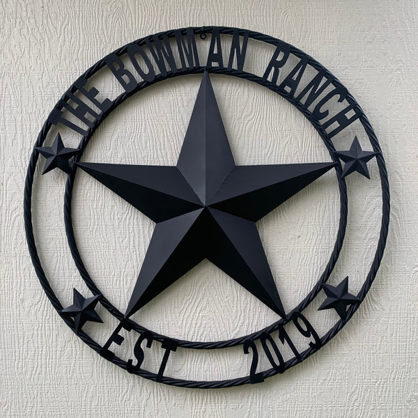 CREEKSIDE FARM STYLE YOUR CUSTOM NAME BARN BLACK STAR 3d WITH TWISTED ROPE RING DESIGN METAL WALL ART WESTERN HOME DECOR NEW HANDMADE, 24", 32", 36", 40", 44", 46", 50"