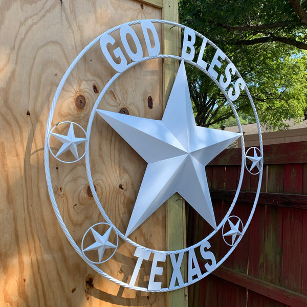 GOD BLESS TEXAS WHITE BARN STAR WITH TWISTED ROPE RING DESIGN METAL WALL ART WESTERN HOME DECOR NEW