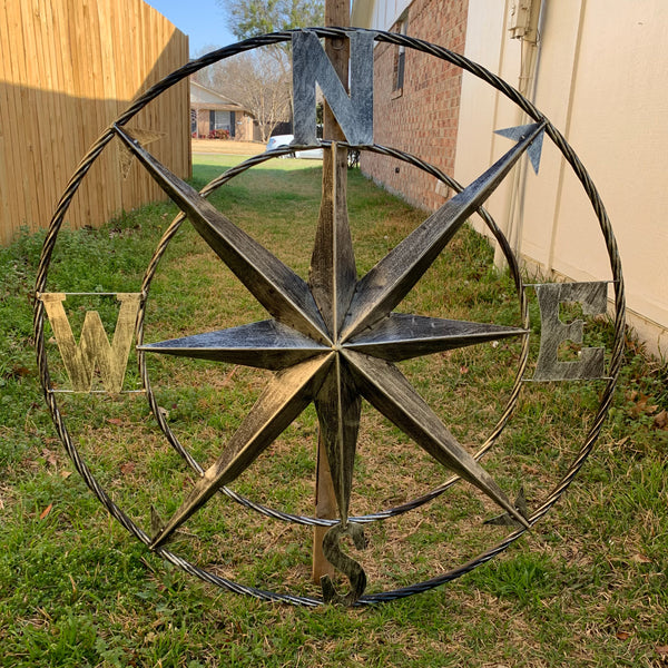 36" COMPASS GREY METAL ART WESTERN METAL ART HOME WALL DECOR RUSTIC GREY