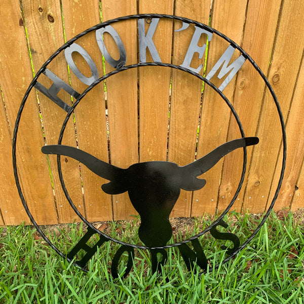 HOOKEM HORNS GLOSSY BLACK TEXAS LONGHORNS HOOK EM METAL CUSTOM VINTAGE CRAFT WALL ART TEAM SIGN HANDMADE