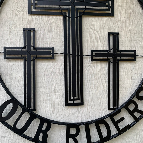 40"GOD BLESS OUR RIDERS CRUCIFIX BLACK CROSS METAL WALL ART HANDMADE