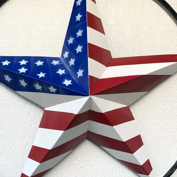 AMERICAN Flag USA Metal Barn Star RED WHITE & BLUE with Black Rope Ring Western Home Decor Handmade 12",16",24",30",34",36",40",48"