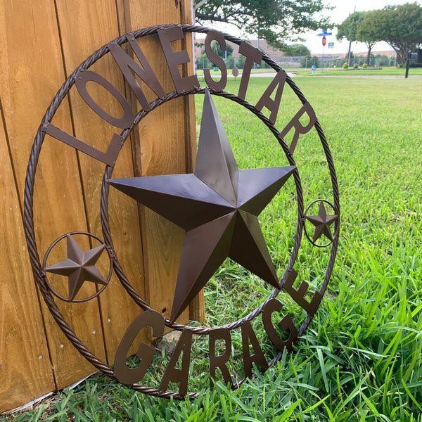 LONESTAR GARAGE STYLE CUSTOM BARN NAME STAR LONESTAR GARAGE METAL NAME BARN STAR WITH TWISTED ROPE RING 3d STAR ART WESTERN HOME DECOR RUSTIC BROWN
