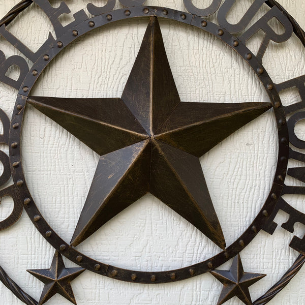 24" GOD BLESS OUR HOME BEADED BARN STAR WITH TWISTED ROPE RING DESIGN METAL WALL ART WESTERN HOME DECOR VINTAGE RUSTIC DARK BRONZE COPPER NEW