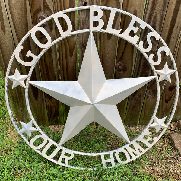 36" GOD BLESS OUR HOME RUSTIC BEIGE BARN METAL STAR ROPE RING WALL ART WESTERN HOME DECOR--FREE SHIPPING