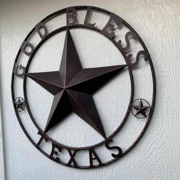 #EH10197 GOD BLESS TEXAS BARN STAR METAL LONESTAR TWISTED ROPE RING WESTERN HOME DECOR HANDMADE NEW