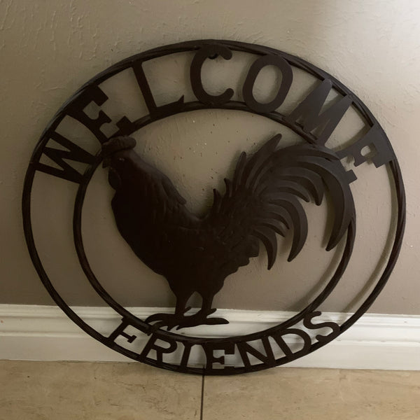 24" WELCOME FRIENDS ROOSTER WESTERN METAL ANIMAL ART HOME WALL ART RUSTIC BROWN COLOR