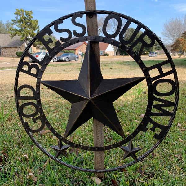 24" GOD BLESS OUR HOME BEADED BARN STAR WITH TWISTED ROPE RING DESIGN METAL WALL ART WESTERN HOME DECOR VINTAGE RUSTIC DARK BRONZE COPPER NEW