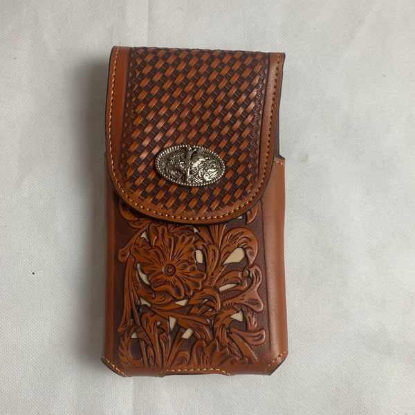 #LG2003 7.5" RODEO TAN BROWN & BEIGE LEATHER POUCH EXTRA LARGE  BELT LOOP HOLSTER CELL PHONE CASE UNIVERSAL OVERSIZE