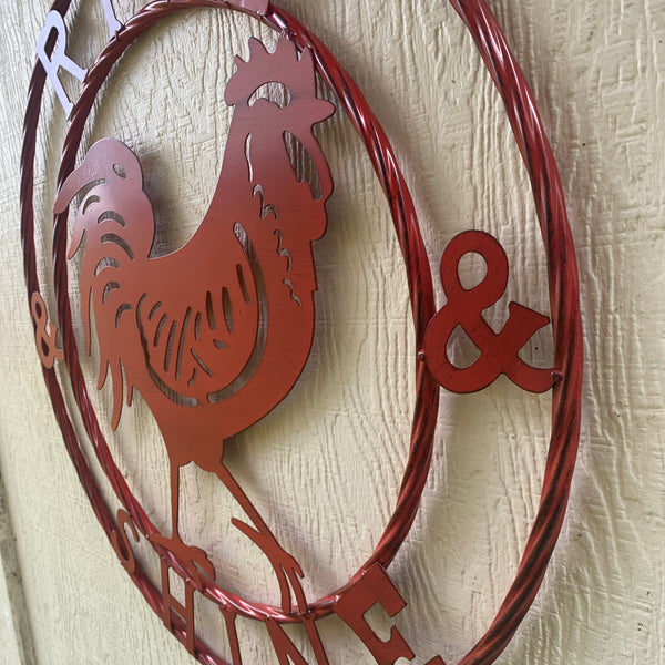 #SI_B9504 RISE & SHINE 24" RED ROOSTER CHICKEN METAL SIGN WESTERN HOME DECOR HANDMADE NEW