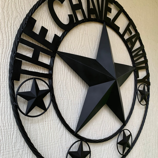 CHAVEZ STYLE CUSTOM FAMILY NAME STAR BLACK STEEL METAL BARN STAR ROPE RING WESTERN HOME DECOR VINTAGE NEW HANDMADE 24",32",34",36",40",42",44",46",50"