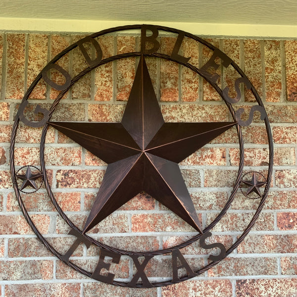 #EH10197 GOD BLESS TEXAS BARN STAR METAL LONESTAR TWISTED ROPE RING WESTERN HOME DECOR HANDMADE NEW