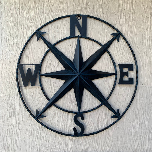 #SI_B8235 COMPASS NAVY BLUE 24" METAL SIGN WESTERN HOME DECOR HANDMADE NEW