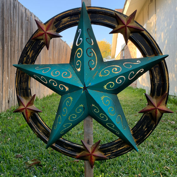 #RT5045 TURQUOISE CARVED CUT STAR 26",36", BARN METAL WESTERN HOME DECOR HANDMADE NEW