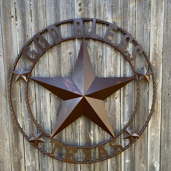 #EH11085 GOD BLESS TEXAS BROWN BARN STAR METAL LONE STAR TWISTED ROPE RING WESTERN HOME DECOR HANDMADE NEW