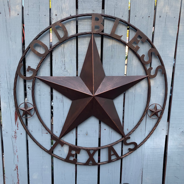 #EH10197 GOD BLESS TEXAS BARN STAR METAL LONESTAR TWISTED ROPE RING WESTERN HOME DECOR HANDMADE NEW