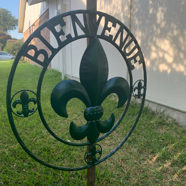 24", 32" GLOSSY HUNTER GREEN FLEUR DE LIS BIENVENUE METAL WALL ART WESTERN HOME DECOR