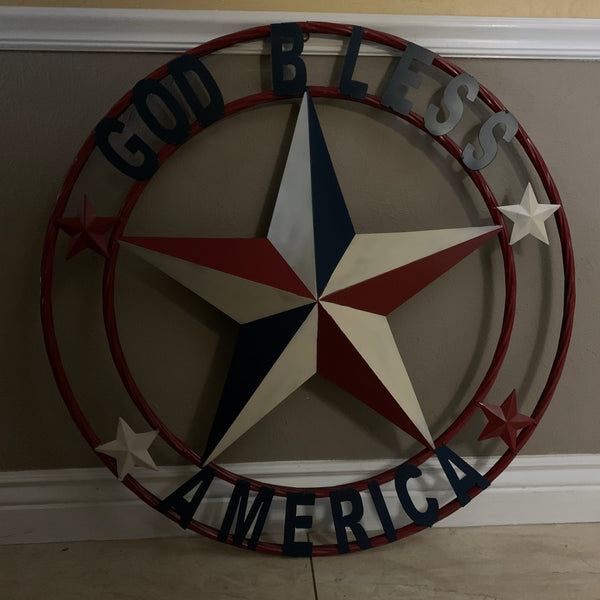 #EH10489 GOD BLESS AMERICA USA FLAG BARN STAR METAL RED WHITE BLUE WESTER HOME DECOR HANDMADE NEW