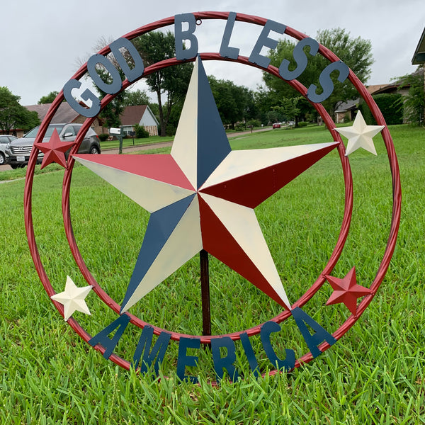 #EH10489 GOD BLESS AMERICA USA FLAG BARN STAR METAL RED WHITE BLUE WESTER HOME DECOR HANDMADE NEW