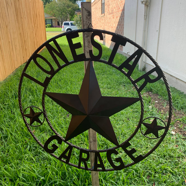 LONESTAR GARAGE STYLE CUSTOM BARN NAME STAR LONESTAR GARAGE METAL NAME BARN STAR WITH TWISTED ROPE RING 3d STAR ART WESTERN HOME DECOR RUSTIC BROWN