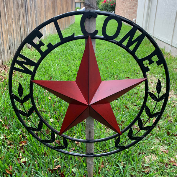 24" WELCOME LEAF LEAVES STAR METAL WALL ART WESTERN HOME DECOR RUSTIC RED HANDMADE
