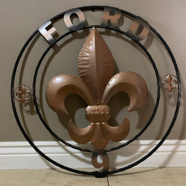 FORD STYLE YOUR CUSTOM NAME FLEUR DE LIS METAL TWISTED ROPE RING SIGN WALL ART WESTERN HOME DECOR HANDMADE 24", 32", 36"