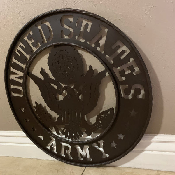 24" USA ARMY MILITARY BROWN  METAL DISC STYLE WALL ART DECOR VINTAGE CRAFT WESTERN HOME DECOR NEW