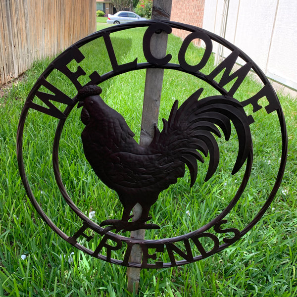 24" WELCOME FRIENDS ROOSTER WESTERN METAL ANIMAL ART HOME WALL ART RUSTIC BROWN COLOR