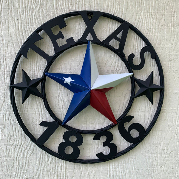 16" TEXAS 1836 RED WHITE BLUE TEXAS FLAG STAR & BLACK RING BARN STAR METAL WALL WESTERN HOME DECOR HANDMADE NEW ART