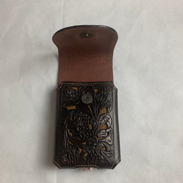 #LG2002 7.5" LONGHORN COFFEE BROWN & BEIGE  LEATHER POUCH EXTRA LARGE  BELT LOOP HOLSTER CELL PHONE CASE UNIVERSAL OVERSIZE