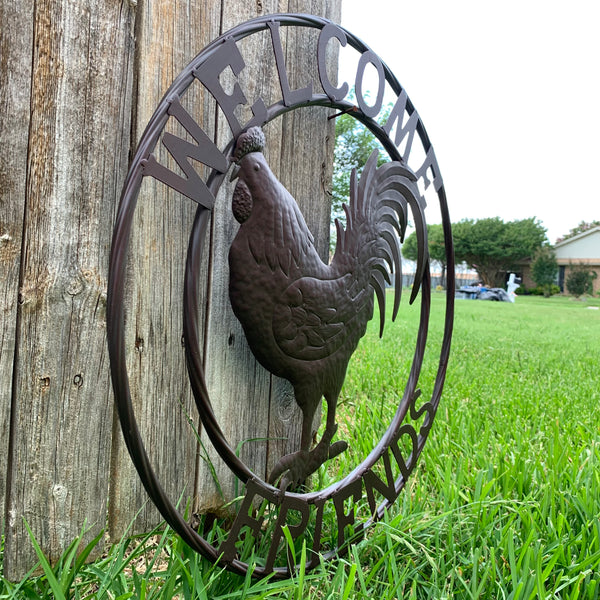 24" WELCOME FRIENDS ROOSTER WESTERN METAL ANIMAL ART HOME WALL ART RUSTIC BROWN COLOR