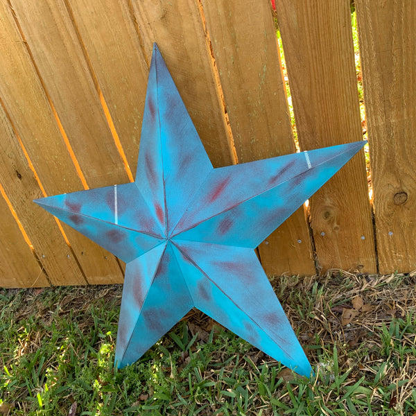 #EH10480 TURQUOISE DISTRESSED TWO TONE BARN STAR METAL ART WESTERN HOME DECOR HANDMADE NEW