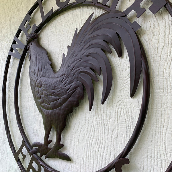 24" WELCOME FRIENDS ROOSTER WESTERN METAL ANIMAL ART HOME WALL ART RUSTIC BROWN COLOR