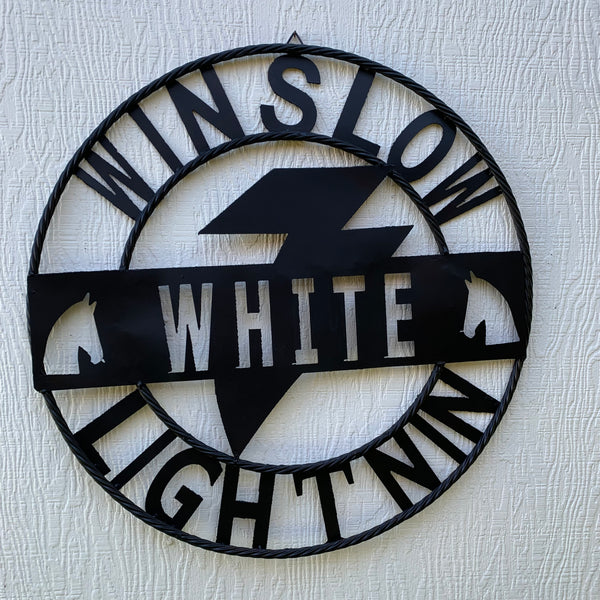 CUSTOM NAME LIGHTNIN HORSE SIGN RAW METAL BARN ROPE RING WESTERN HOME DECOR HANDMADE 24",32",36"