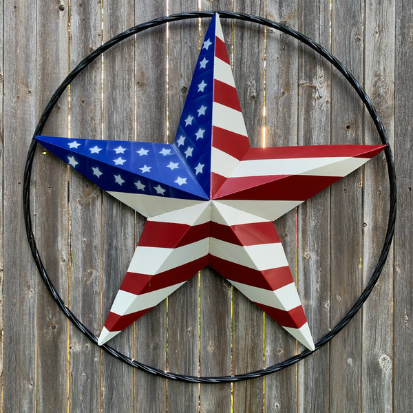 AMERICAN Flag USA Metal Barn Star RED WHITE & BLUE with Black Rope Ring Western Home Decor Handmade 12",16",24",30",34",36",40",48"